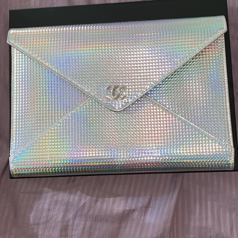 REAL Chanel Silver Holographic Envelope Clutch